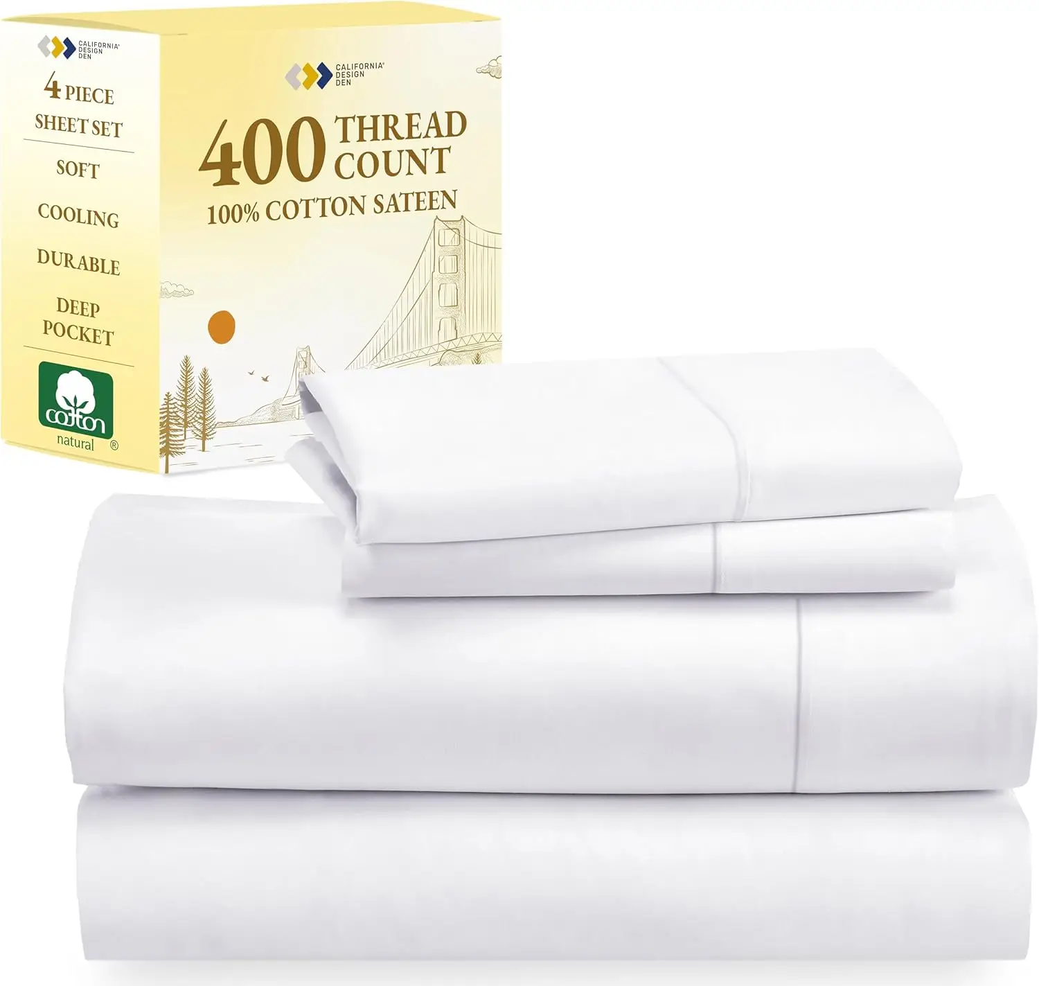 Queen Size Bed Set, Good Housekeeping Award Winner, 400 Thread Count 100% Cotton Sheets Sateen, Extra Soft Bed Sheets