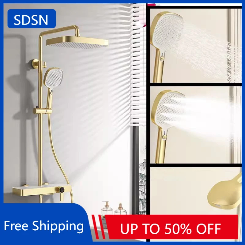 Brushed Gold Bathroom Shower System Set SDSN Brass Bathroom Faucet Accessories Round Shower Head Hot Cold Bathroom Shower Set
