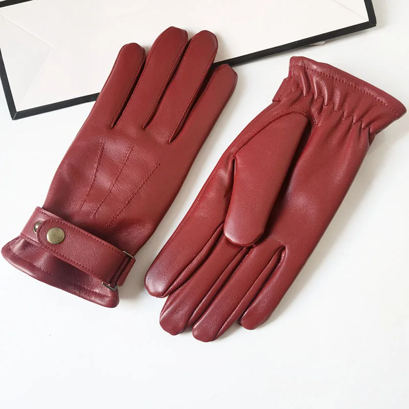 Genuine Leather Sheepskin for Men Warm Winter Gloves Christmas Gift Men\'s Sheepskin Gloves Wine Red