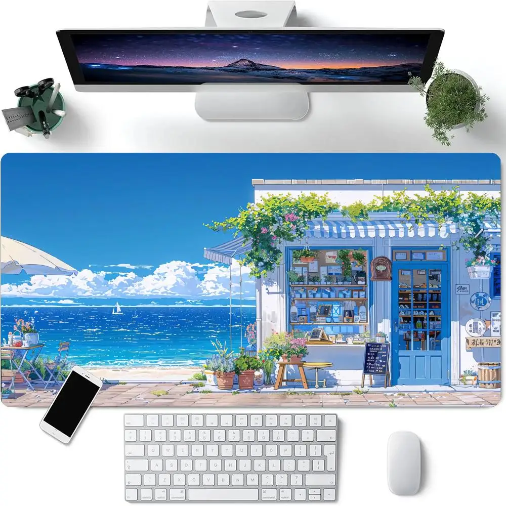 

Синий приморский пейзажный коврик для мыши, большая резиновая основа, противоскользящие аксессуары для ПК, настольные аксессуары, коврик для мыши для офисов и геймеров, декоративный коврик для клавиатуры