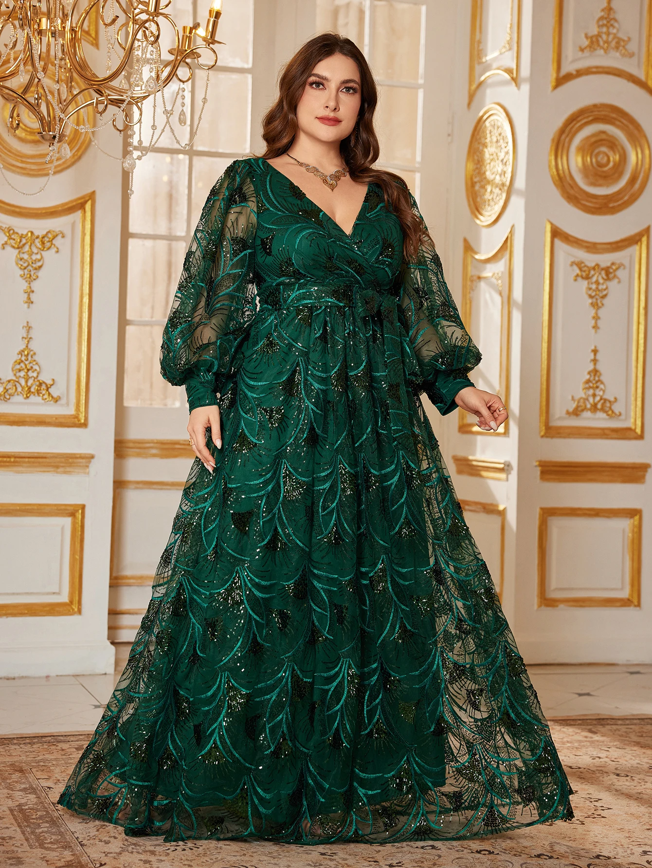 UNITHORSE حجم كبير المرأة العميق فانوس على شكل حرف v كم لامع الترتر Cinched محرك الخصر حتى فستان الحفلات المسائية الرسمية #4