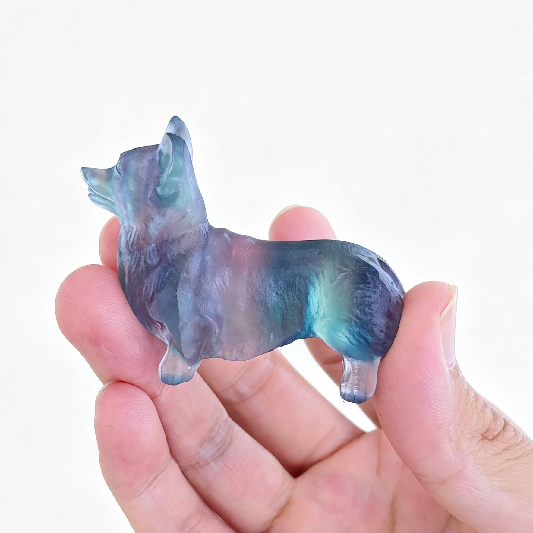 Natural Rainbow Fluorite Carved Corgi Dog Figurine Puppy Gemstone Pet Statue Home Office Table Decor Gift Random Dispatch 1 Pc