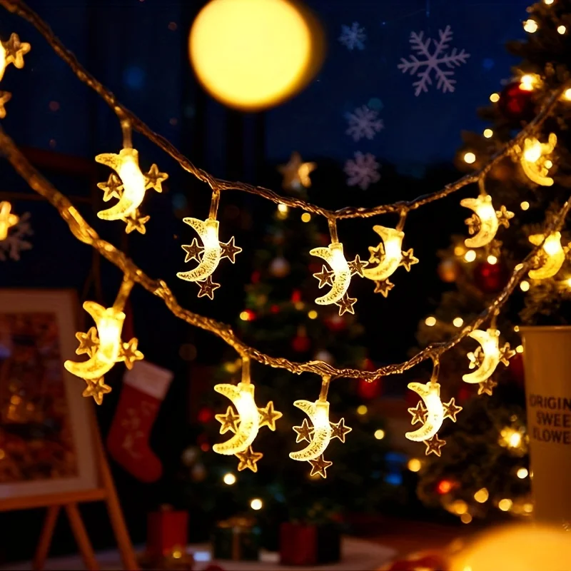 Islamic Celebration LED Star Moon String Lights 20/10 LEDs - Ideal Eid Ramadan Gift Battery Powered No Batteries Included
