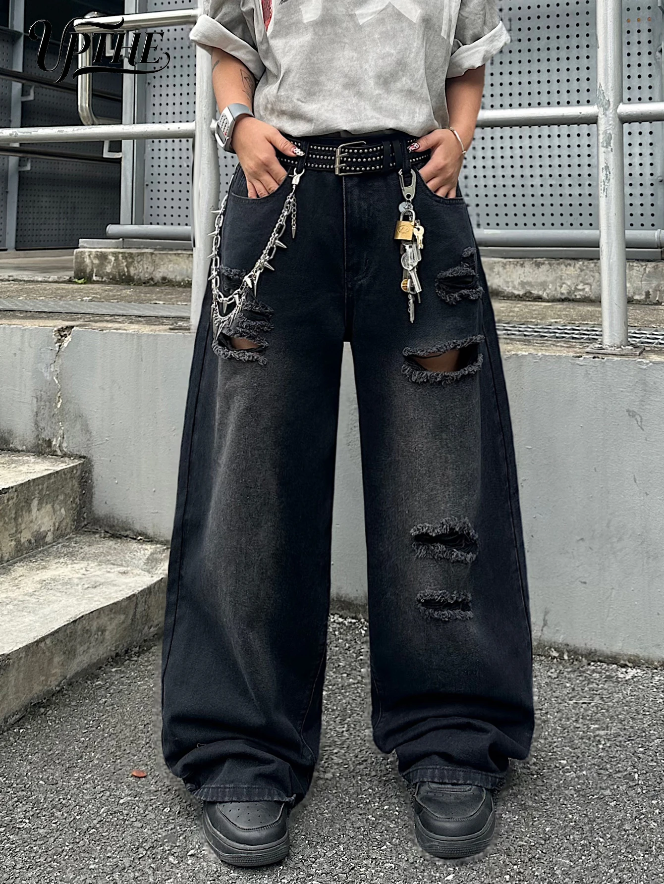 UPTHE Men's Ripped Baggy Wide Leg Jeans, Vintage Black Faded Distressed Loose Denim Pants, Y2K Punk Hip Hop Streetwear Oversized Trousers