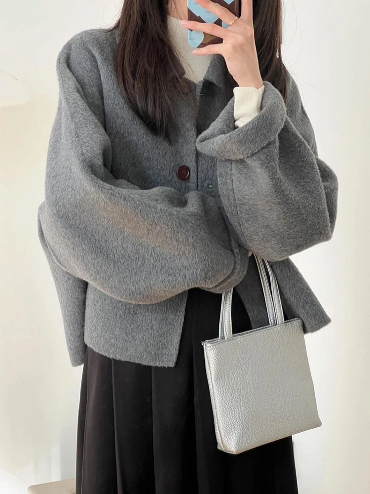 Cappotti di lana da donna Crop Vintage manica lunga con bottoni Office Lady Capispalla semplice Autunno Inverno Nuove eleganti top corti dolci e solidi