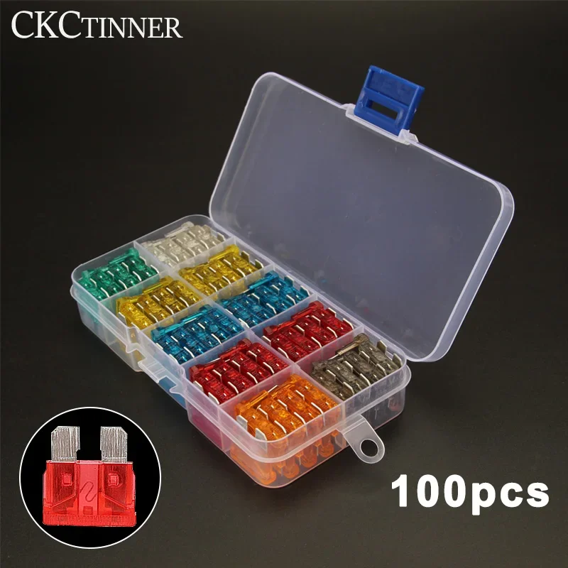 100pcs Blade Type Car Fuse Mini Small Medium Assortment Set Auto Car Truck 2.5/3/5/7.5/10/15/20/25/30/35A Fuse with Box Clip