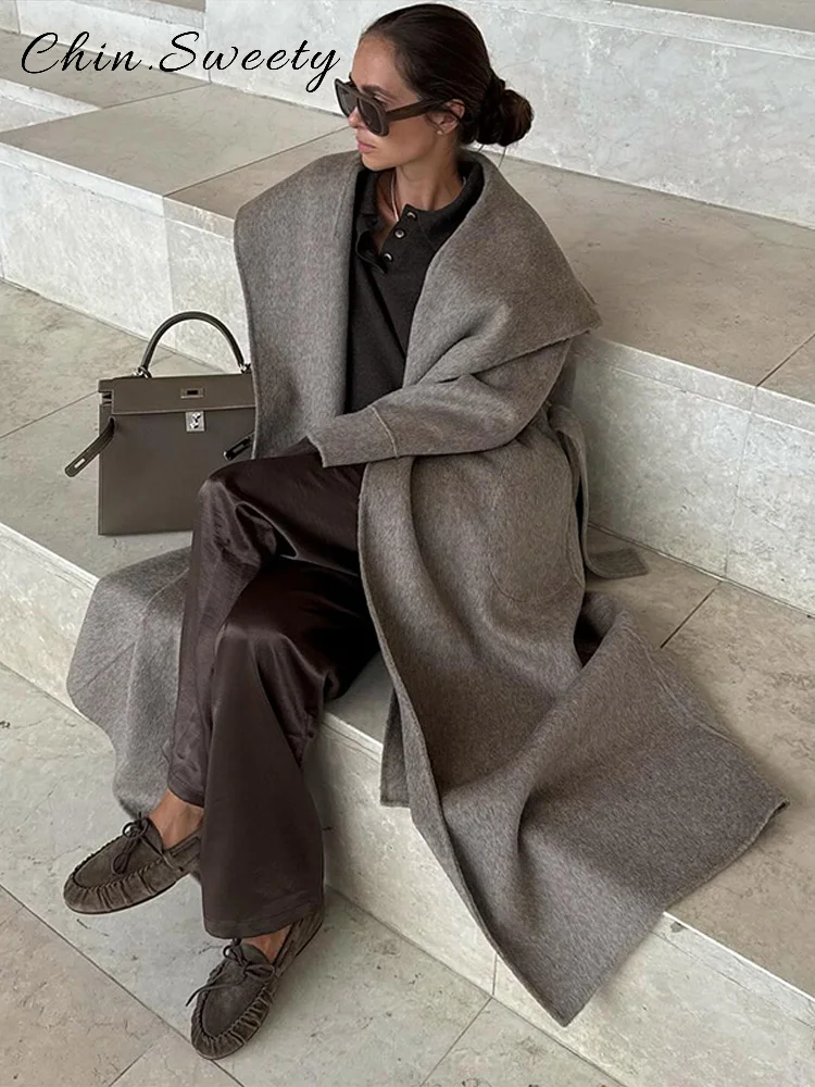 Abrigo de lana elegante con cuello tipo chal y cinturón para mujer, abrigos holgados de manga larga con bolsillos para mujer, prendas de vestir para ir al trabajo para Otoño e Invierno 2025