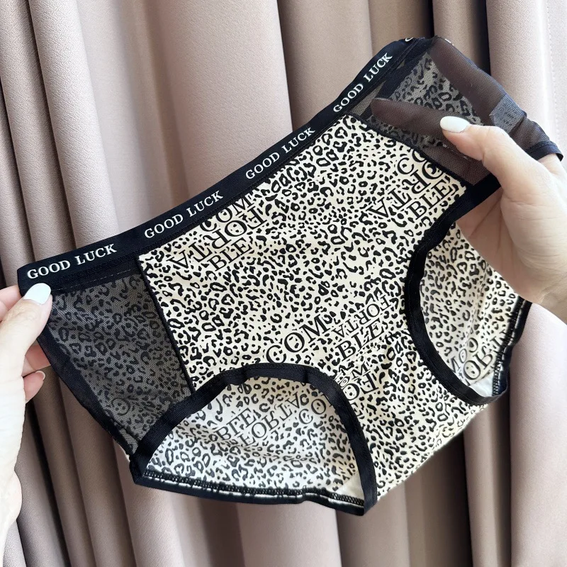 SP&CITY High Elestic Sports Leopard Underpants Women's Mid Waist Breathable Mesh Hollow Out Panties Thin Soft Seamless Briefs