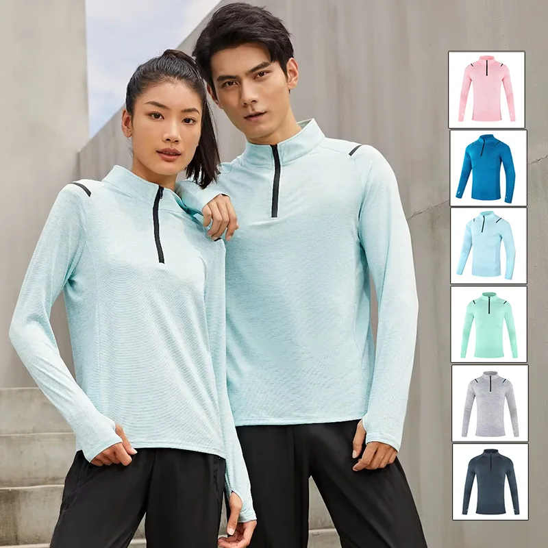 

Outdoor Rash Guard Men Women Sports T-shirts Solid Color Long Sleeve Half Zipper Dry Fit Couple Gym Fitness Running Tee Tops