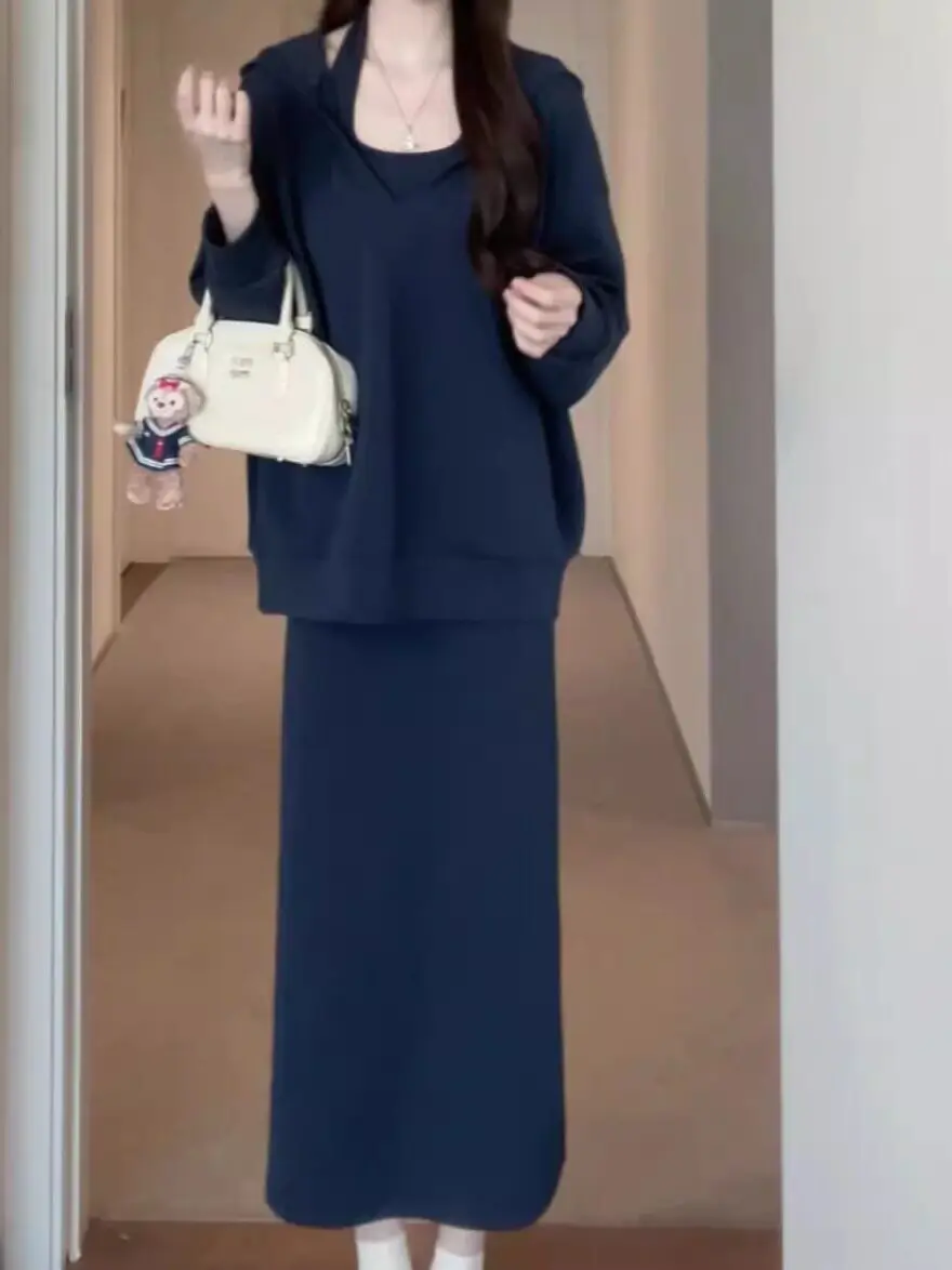 

Синее платье с завязками на шее, женский комплект в корейском стиле для ранней весны, ленивый свитер и длинная юбка, влагоотводящий, быстросохнущий, короткий...