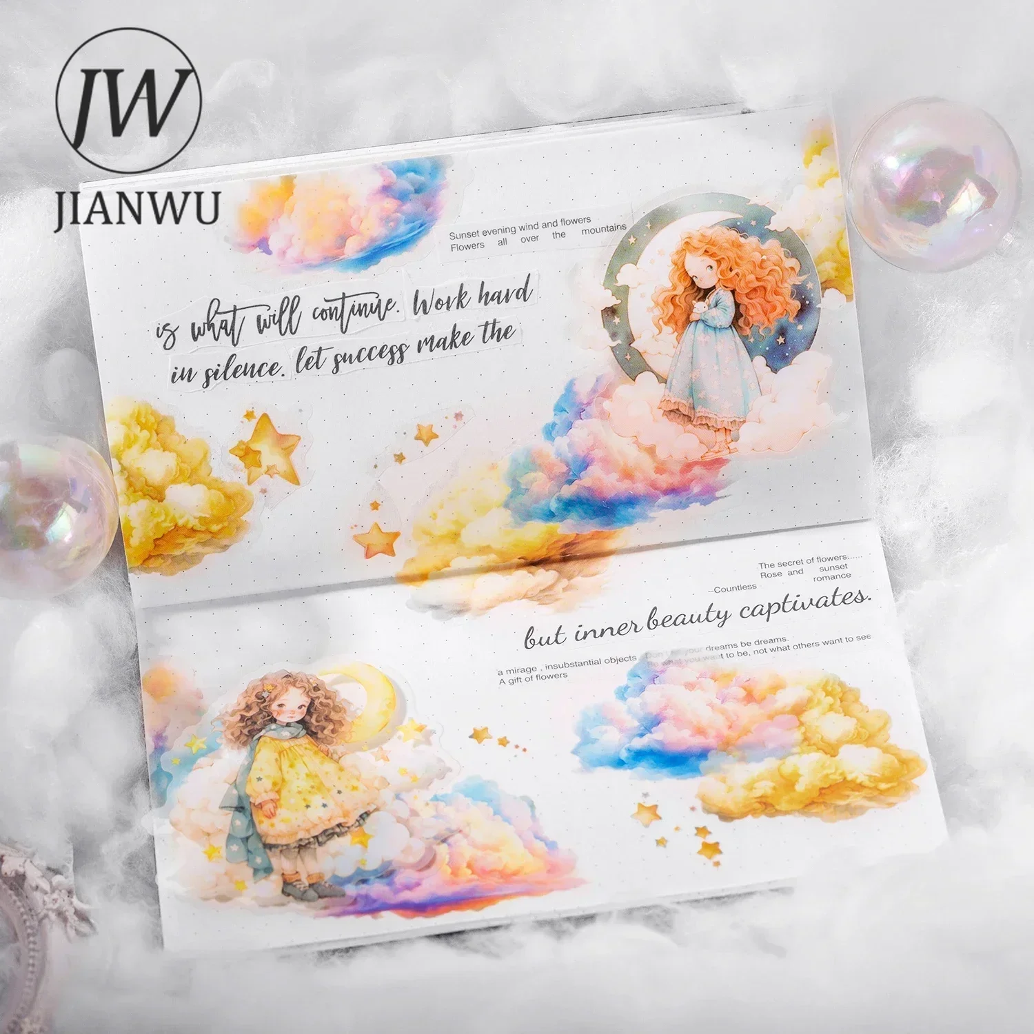 JIANWU Cloud Girl Series Kawaii Character Landscaping Material Collage PET Sticker Creative DIY Journal Scrapbooking Stationery