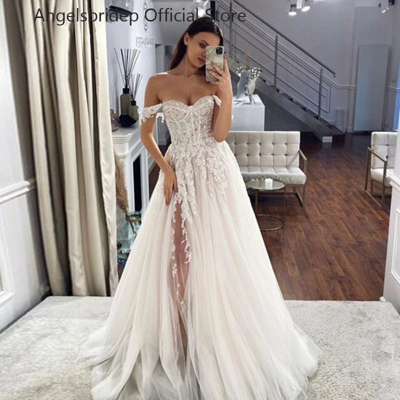 

Angelsbridep A-line Tulle Off Shoulder Vestidos De Noiva Sexy Leg Slit Wedding Dress Robe De Mariage Lace Appliques Bridal Gowns