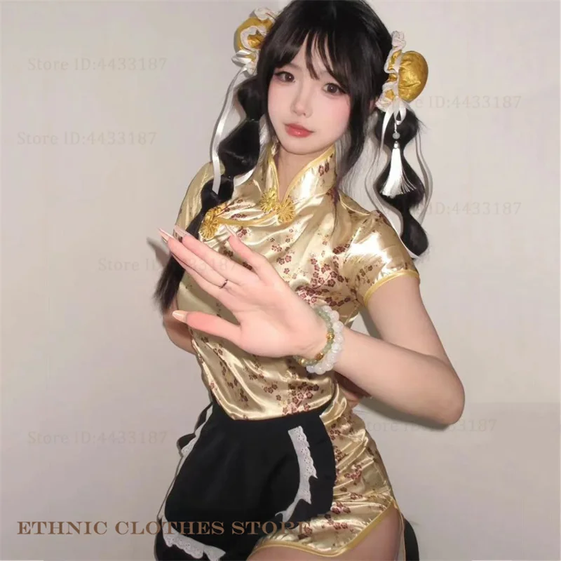 Plus Size 3XL-6XL Female Qipao Sexy Slim Split Cheongsam Vintage Classic Traditional Chinese Dress Vestidos Cosplay Maid Costume