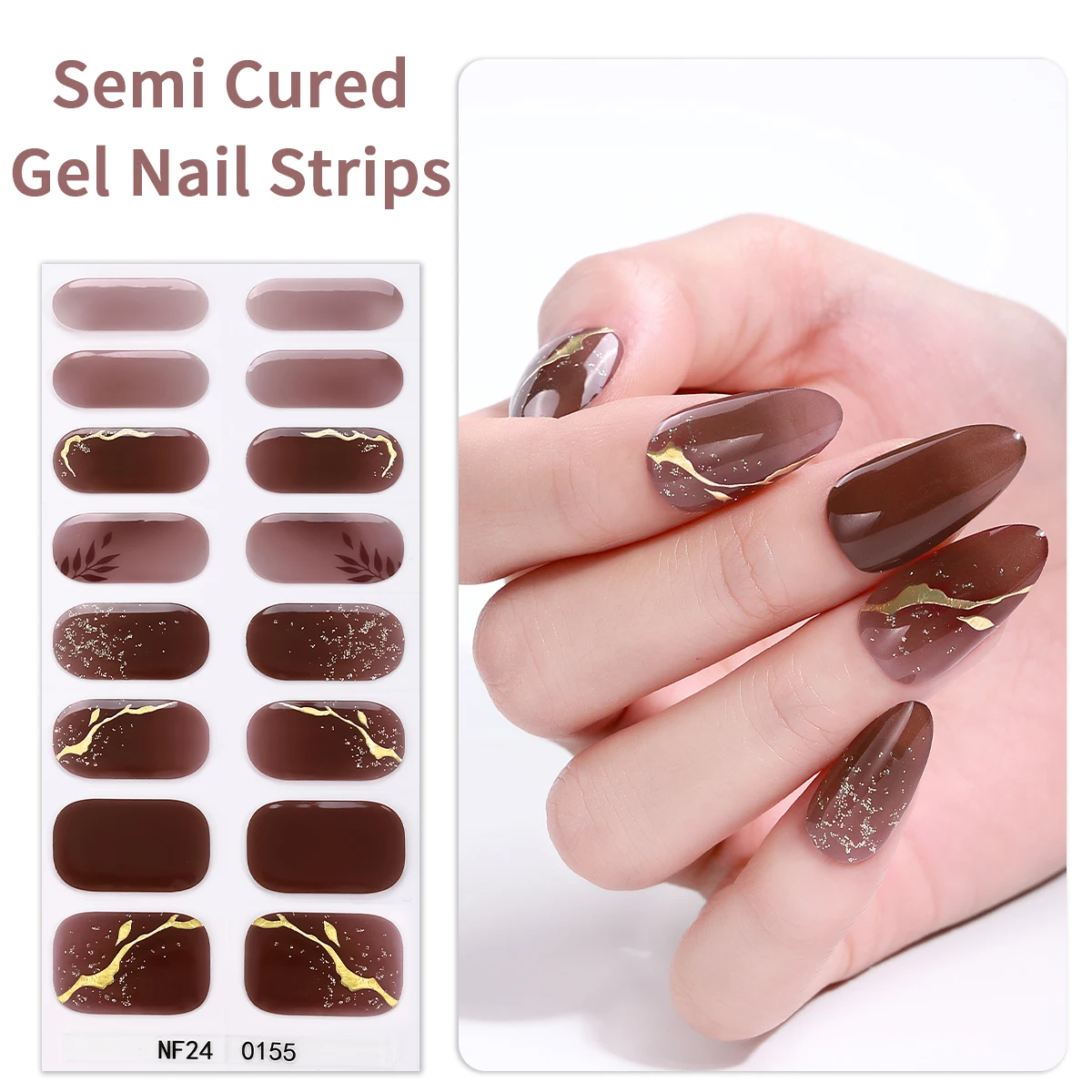 

16Tips Semi Cured Gel Nails Strips Gradient Golden Lines Manicure Decal UV LED Lamp Need Gel Nail Stickers Decoration