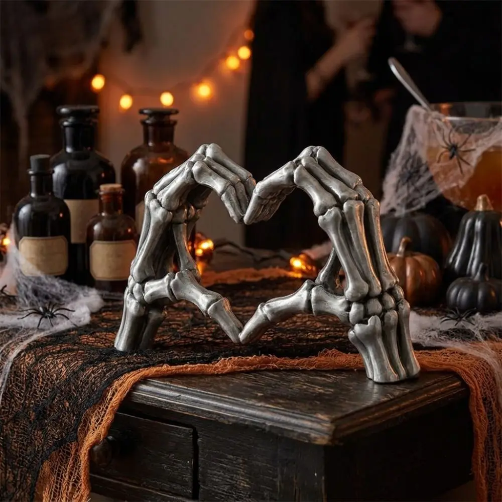 3D-Printed Halloween Skeleton Hand Heart Figurine Gothic Realistic Skull Finger Heart Statue Spooky Dark-Style