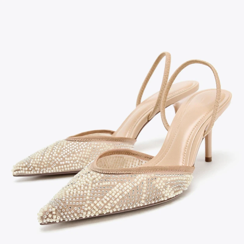 

New Fall Women's Mule Shoes Bead Details Shiny Light Brown Upgraded Version High Heel Open Toe Fashionable Sandals