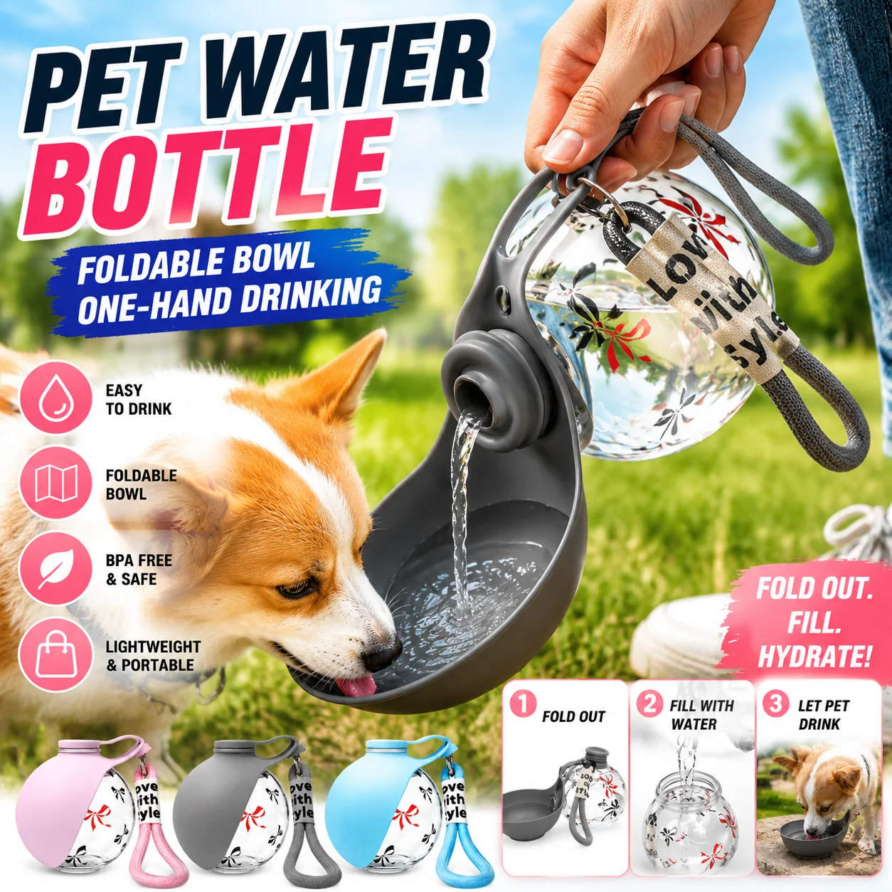 Leak Proof Pet Water Bottle Fold Out Silicone Bowl Portable Outdoor Travel Hydration Container Dog Water Feeder 3 Colors