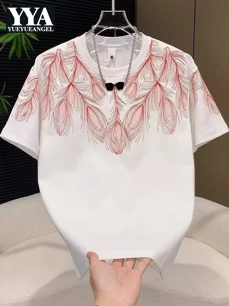 Mens Casual T Shirt Fashion Feather Pattern Embroidery O Neck Summer Short Sleeve Pullover T Shirts Streetwear Tees Tops Male