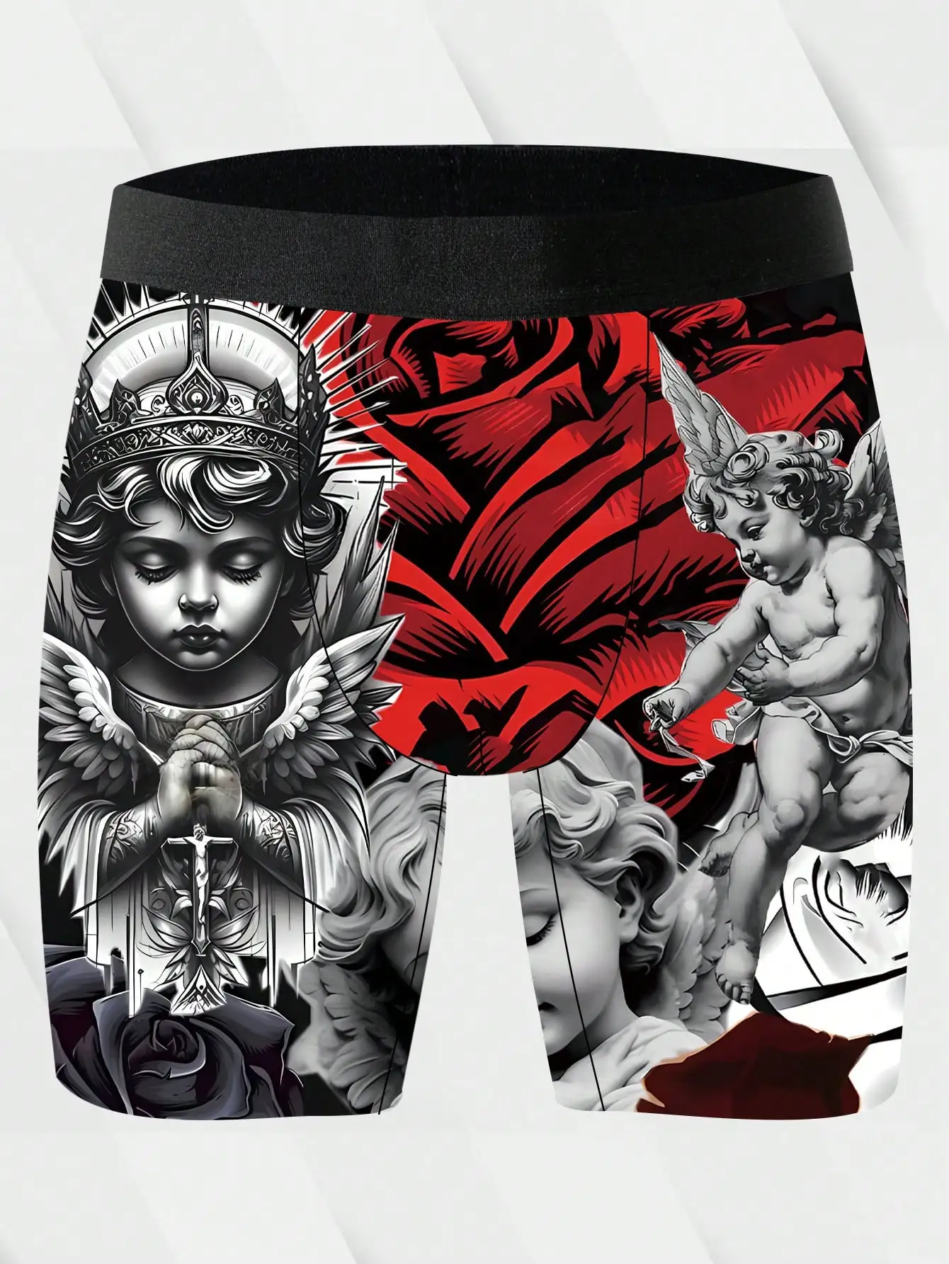 

Mens Boxer Shorts With Angel And Rose Digital Print Polyester Elastic Fabric