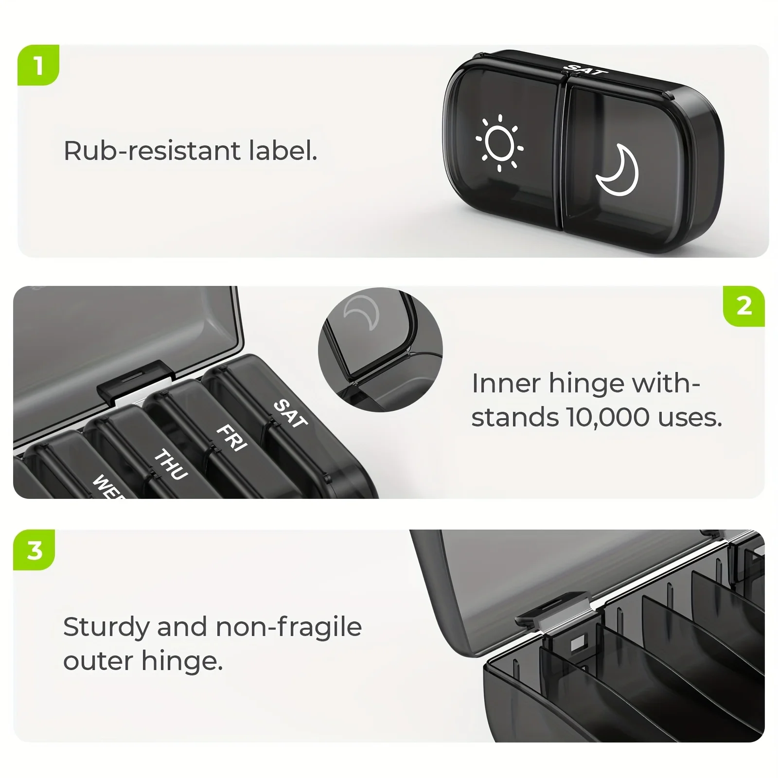 منظم حبوب الدواء الأسبوعي مرتين في اليوم، صندوق حبوب منع الحمل لمدة 7 أيام مع فتحات كبيرة من جانب واحد، 2026 حافظة حبوب منع الحمل باللون الأسود AM PM #3