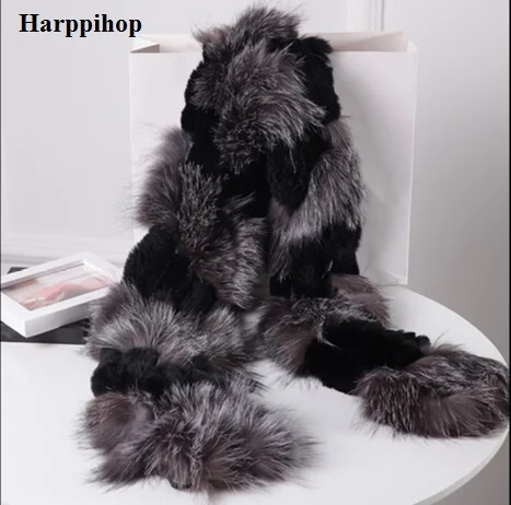 Harppihop srebrne futro lisa czarny kolor nowe futro lisa c/w szalik z futra królika rex wrap chusta peleryna najlepszy prezent na boże narodzenie urodziny prezent