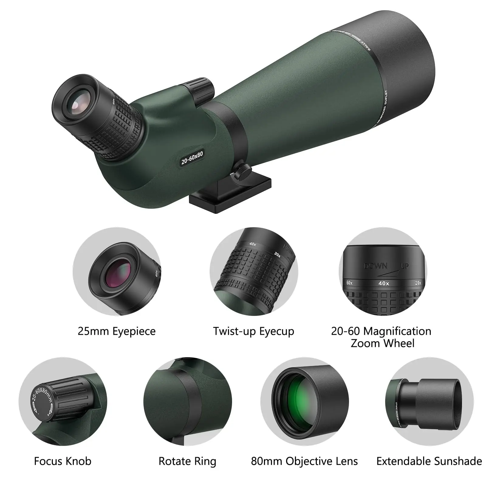 Spotter Scope zum Ansehen von Wildtieren 20-60x80 BAK4 Wasserdichtes Spektiv-Kit mit Stativ-Tragetasche und Telefonadapter Grün
