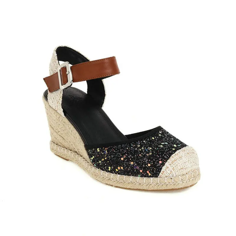 QPLYXCO Sequined Glitter Bling Summer Shoes For Woman Close Toe Mary Janes Hemp Platform Wedges Heels Women Espadrilles Sandals