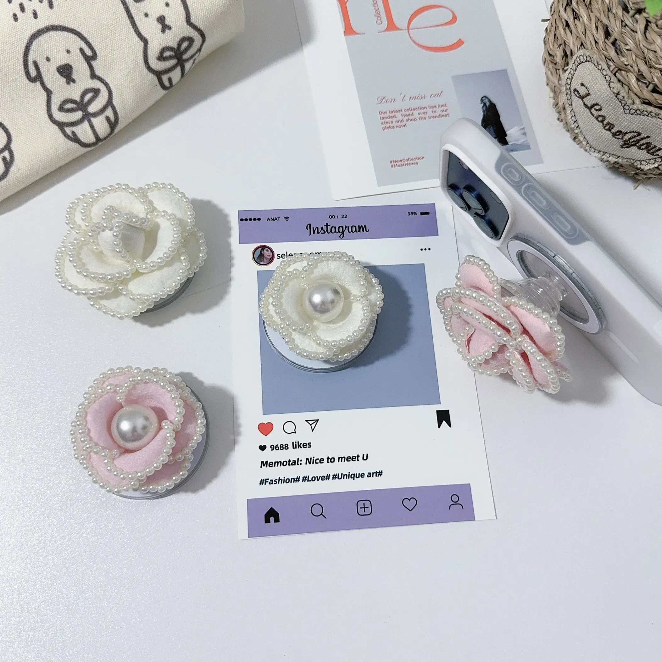 

3D Pearl flowers invisible suction Griptok Phone Holder for IPhone Samsung Support Socket Pocket Grip Tok Magnetic Stand Bracket