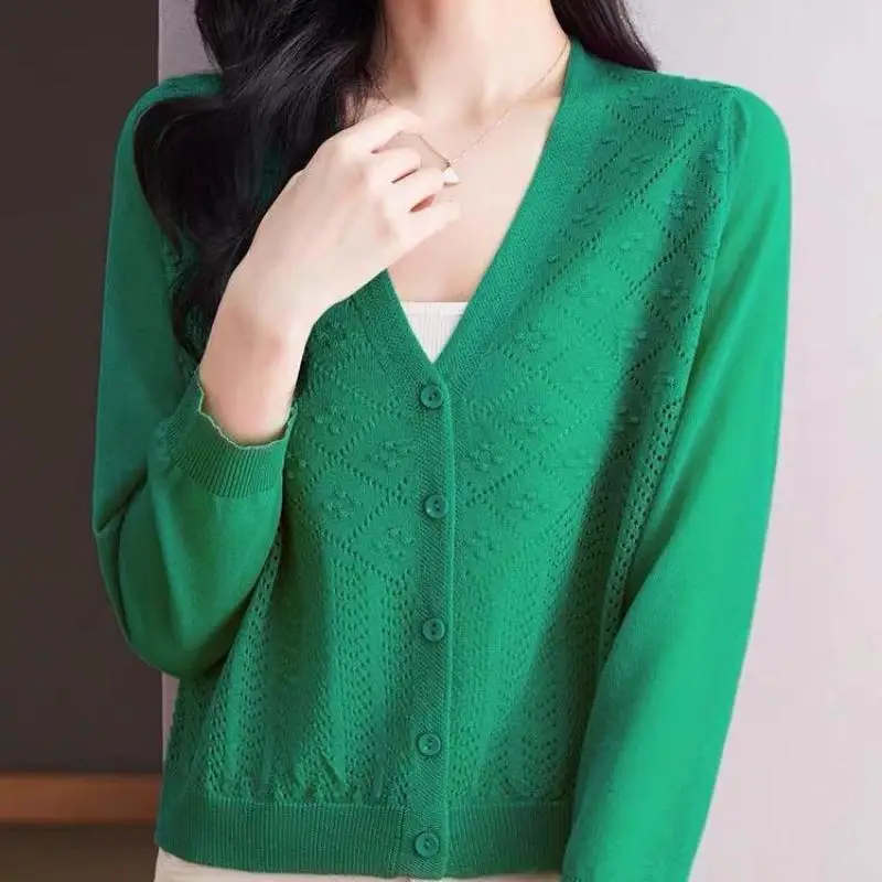 2024 New Summer Minimalist Commuting Casual Loose Fashion Trend V-neck Hollowed Out Jacquard Solid Color Three Quarter Sweater