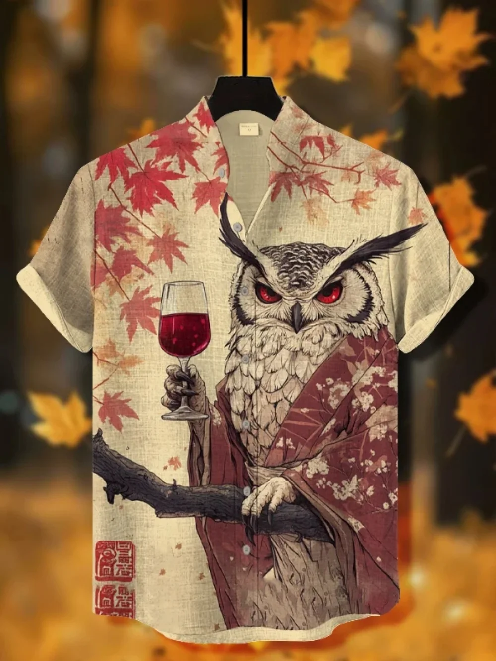 

Owl Warrior Printed Short Sleeve Button up Shirt Hawaii Casual Vacation Fashionable Stand up Collar Linen Blend Cardigan