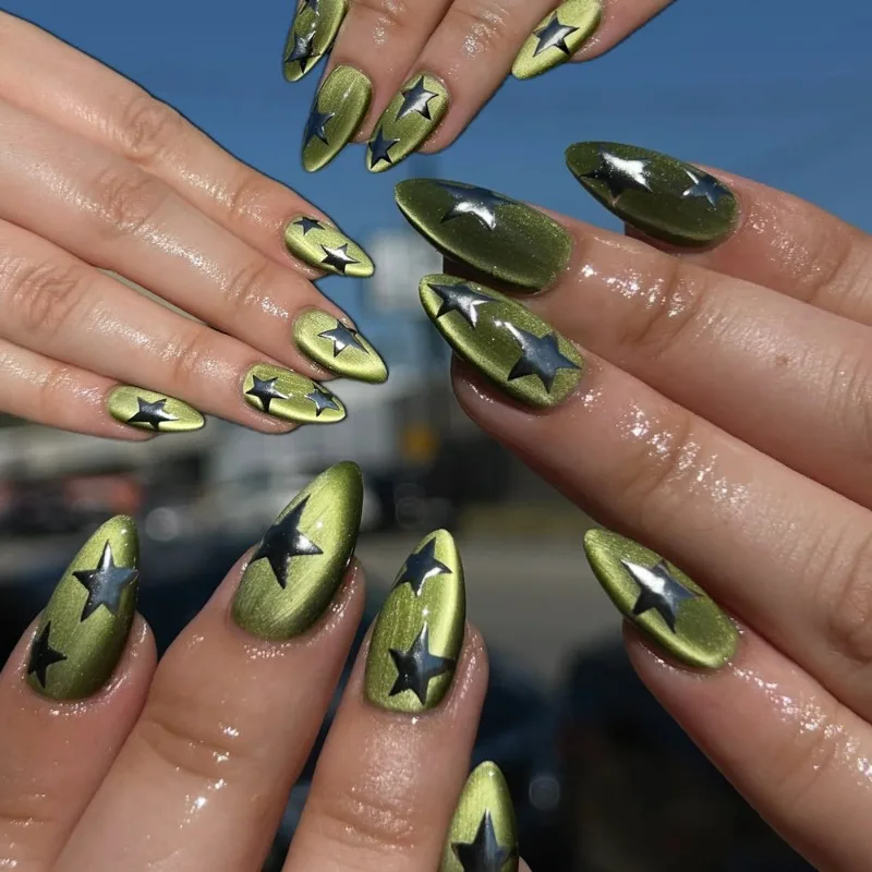 24Pcs Press-On Nails Olive Green with Silver Stars and Cat-Eye Design—Sweet and Edgy Fake Nails Perfect for Girls and Everyday