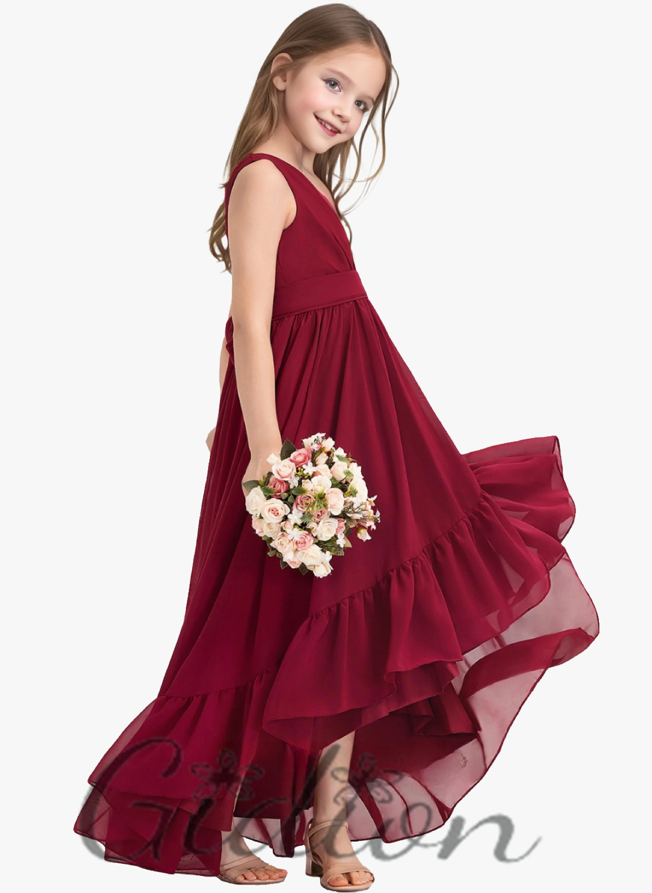 Asymmetrical Chiffon Children Wedding Ceremony Event Birthday Evening Party Celebrations Prom Ball Gown  Junior Bridesmaid Dress