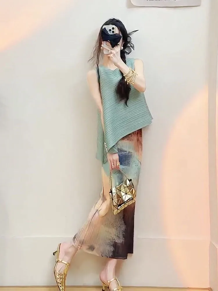 

Summer Floral Print Halter Neck Midi Skirt Set Women's Sleeveless Gauze Fashion Casual Style Breathable Polyester Fabric