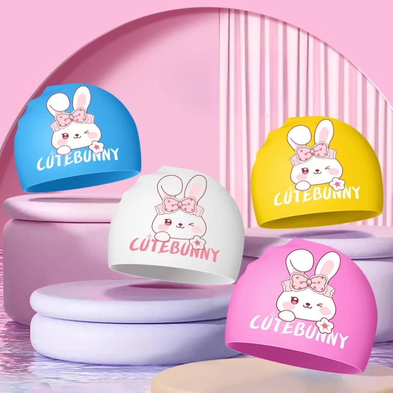 Cartoon Rabbit Swimming Caps High Elastic Soft Silicone Swim Caps Waterproof Ear Protection Swimming Cap Hat for Boys Girls Kids