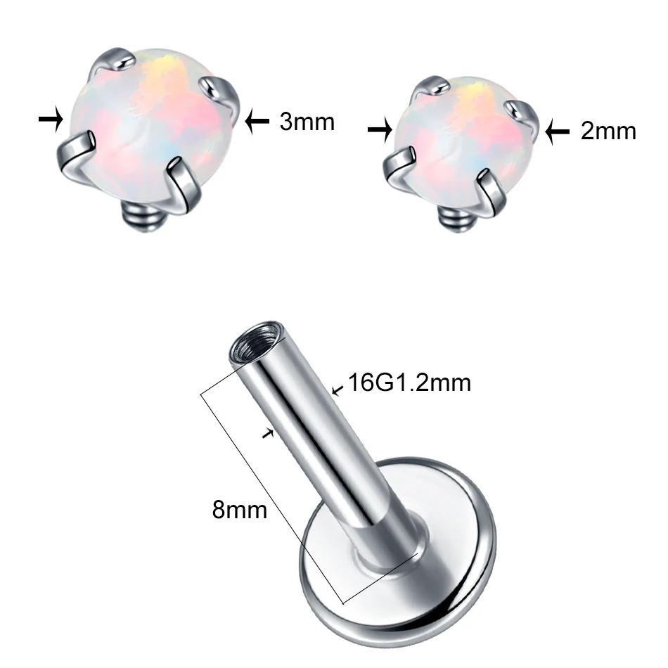 1Pc G23 Titanium Opal Labret Stud Lip Monroe Piercing 16G Earrings for Women Cartilage Tragus Helix Piercing Jewelry 2/3/4mm Top