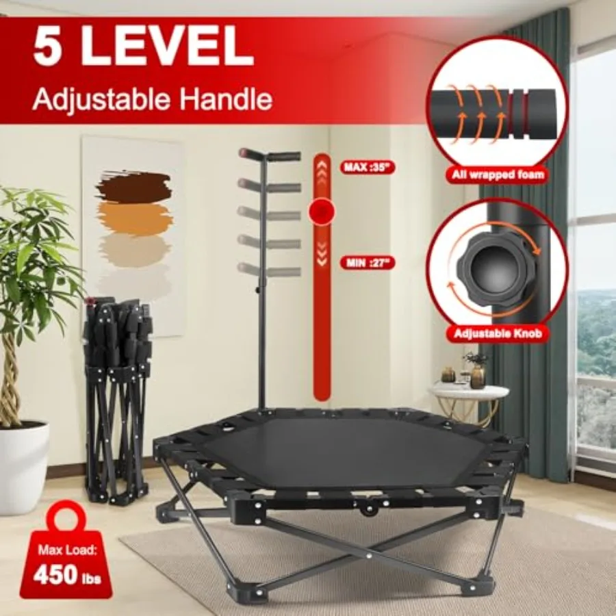 Foldable Mini Trampoline for indoor outdoor workout 42 rebounder with steel frame black finish one-step fold open 450lbs max lo