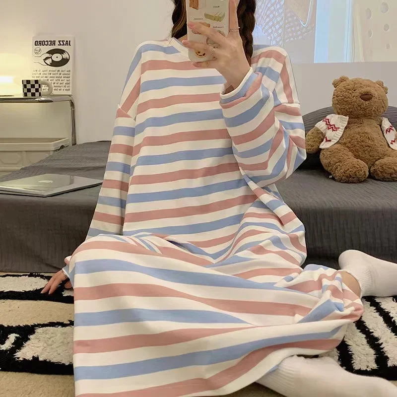 Fat Female Clothing Oversize Add Large Size Dress 150kg Women Autumn Loose Cotton Blend Long-Sleeve Pajama Sleeping Shirt Dress