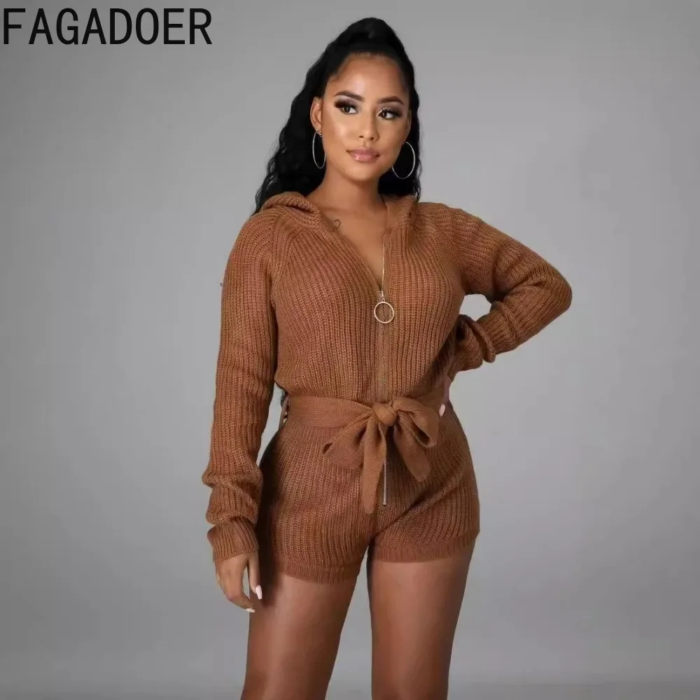 FAGADOER Autumn Winter Knit Rompers Women Zip Hooded Sashes Bandage Jumpsuits Short Elegant Fashion Ladies Office Streetwear