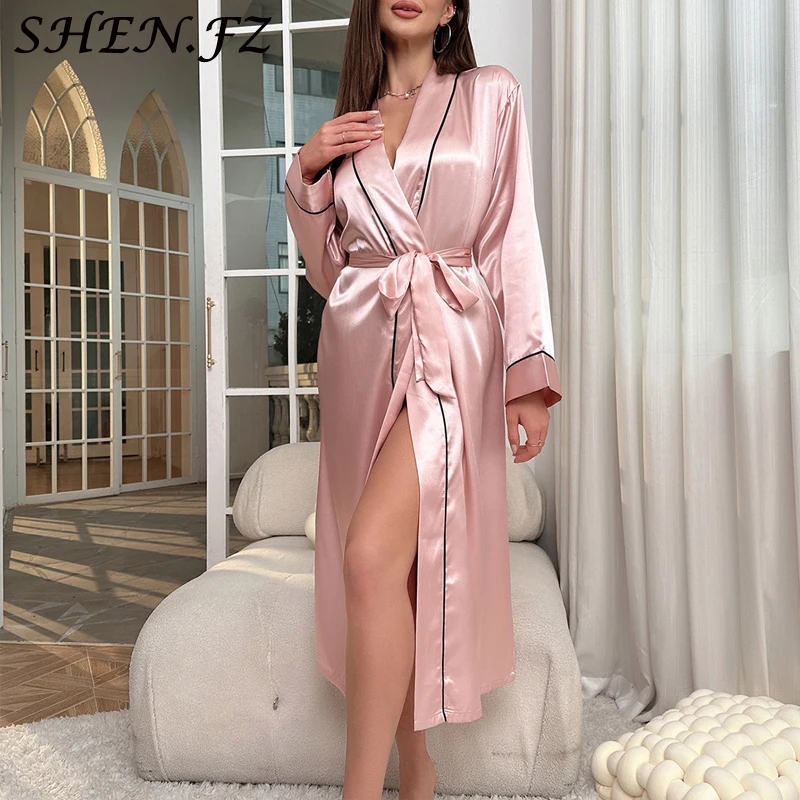 ชุดนอนสตรียาวผ้าไหมน้ําแข็ง Dressing Gown ฤดูร้อนบาง Nightgown แฟชั่น Loungewear ผู้หญิงเซ็กซี่เสื้อสเวตเตอร์ถักเสื้อคลุมอาบน้ํา