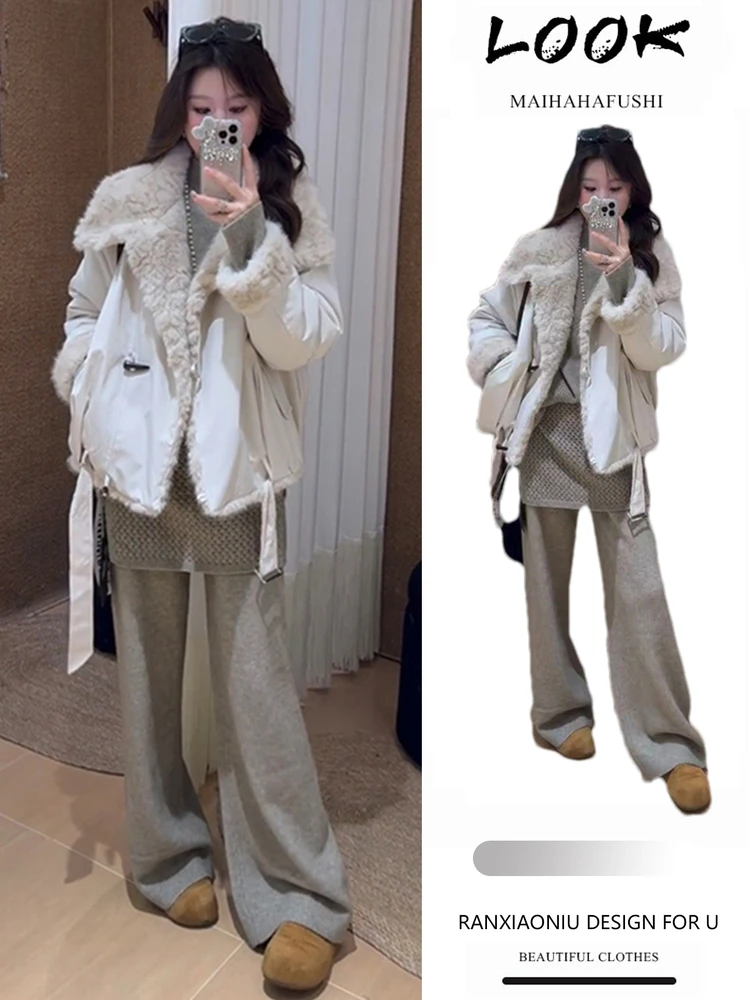 

Unique Spring Faion Thiened ort Plu Cotton Jaet Knitted Sweater Wide Leg Pants Women's Ensemble Casual Sle High W...