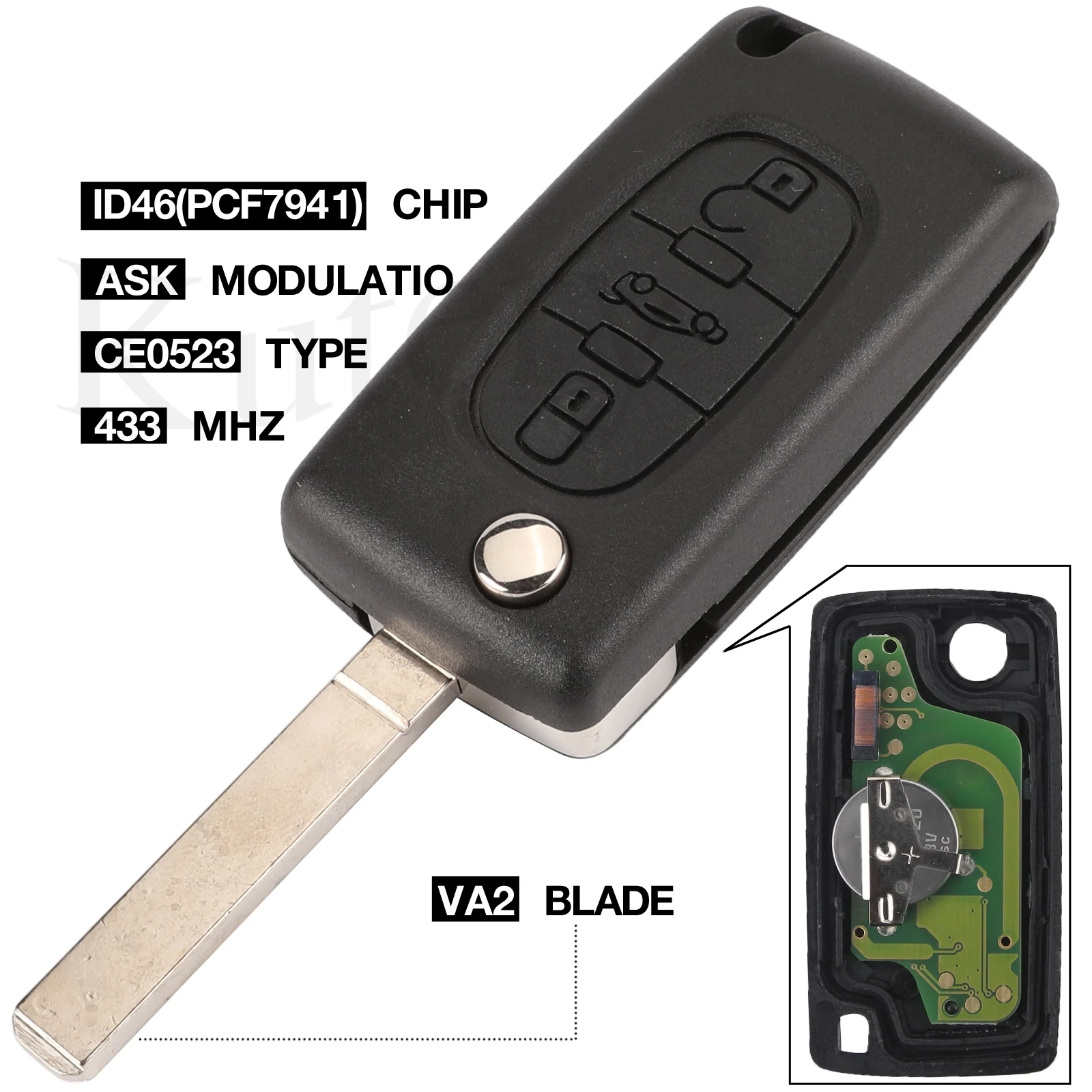 jingyuqin VA2 Car Key ASK 433 mhz ID46 - PCF7941 For Peugeot 207 407 306 Partner ect 3 Button Flip Remote Fob CE0523