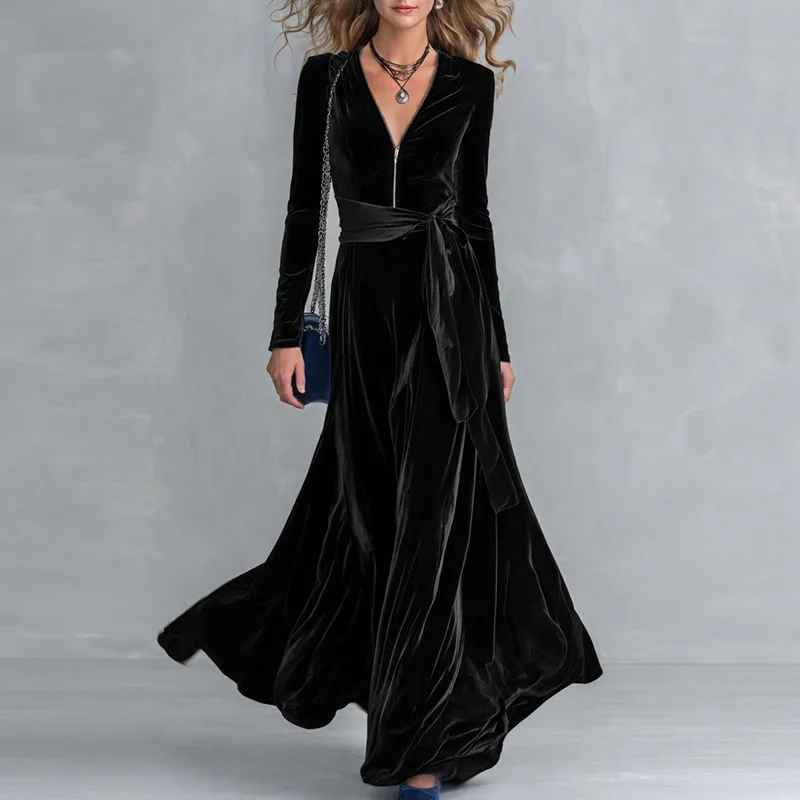 Women Solid Velvet Maxi Dress V Neck Front Zipper Long Sleeve Wrap Belted Flowy A Line Gown New Wedding Guest Formal Party Dress
