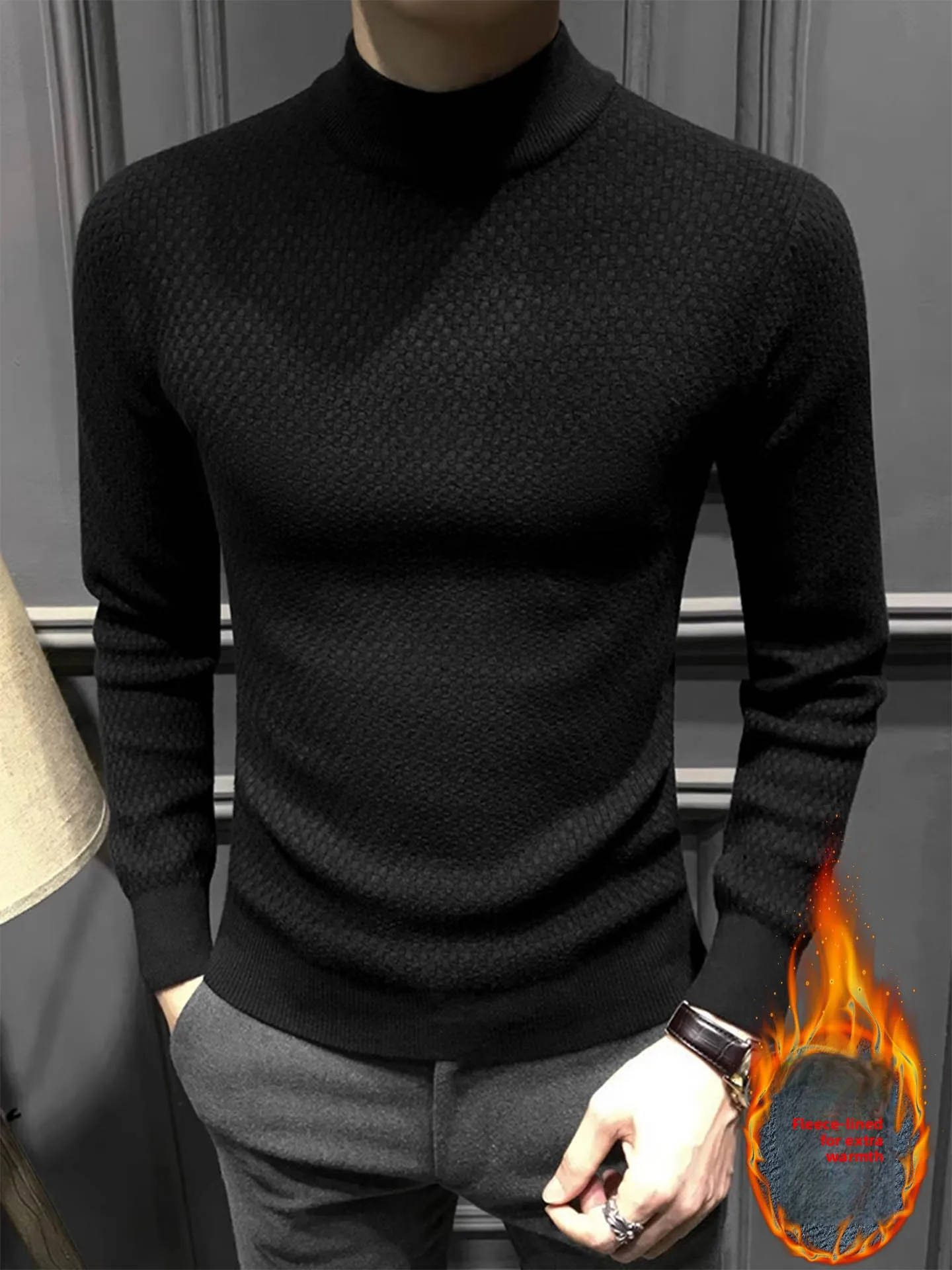 

Мужской вязаный свитер Thiened Fce на подкладке с высоким воротником, облегающий повседневный топ для внутренней одежды на осенне-зимний сезон
