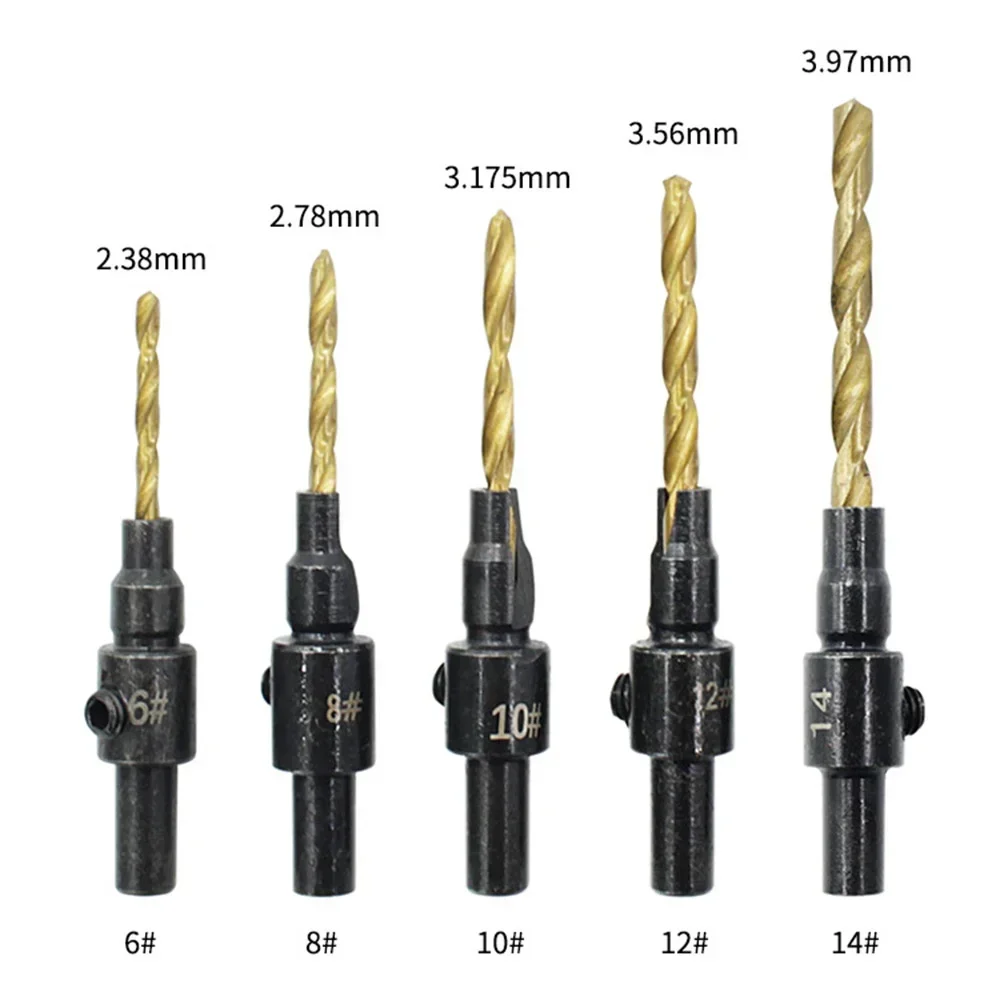Woodworking Countersunk Drill Bit Set 5 Pieces for Pilot Holes and Guide Holes for Screws Sizes 6 8 10 12 14