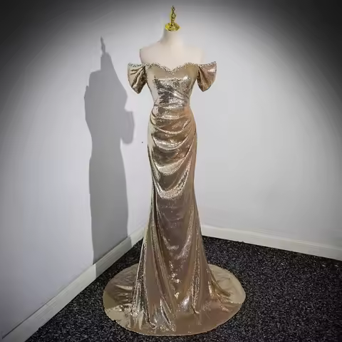 2025 Shiny Luxury Golden Evening Dress Female Premium Host Shoulder Trailing Sequins Prom Dress Celebrity Formal Party Dresses