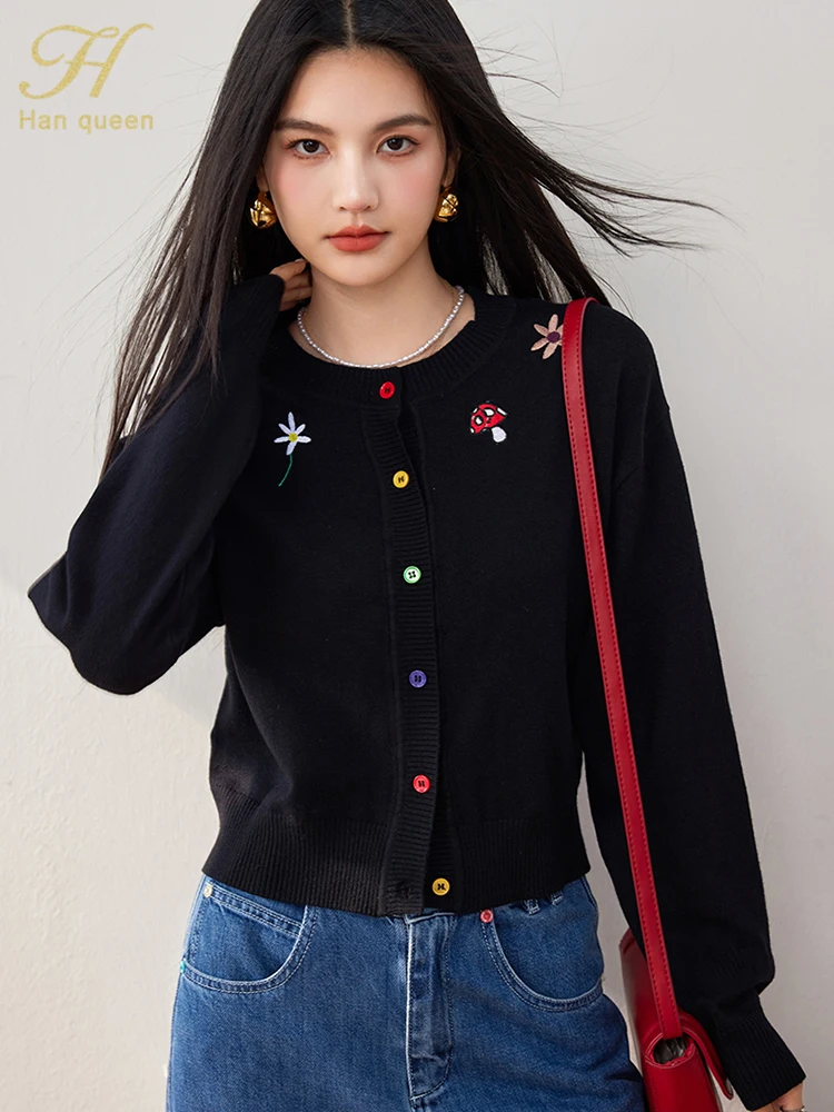 H Han Queen Autumn Winner Fashion Basic Vintage Embroidery Sweater Odzież damska Vintage Casual Tops Basic Knitted Cardigan