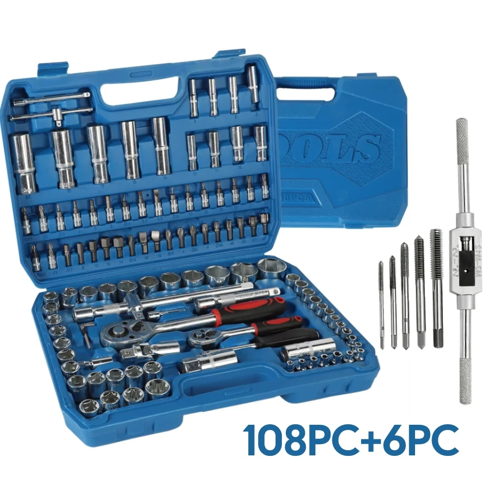 Set di 114 Pezzi di Chiavi a Bussola, Kit Combinato di Chiavi a Cricchetto e Chiavi Dinamometriche, Cacciaviti e Punte, Utensili Manuali per Riparazione Auto