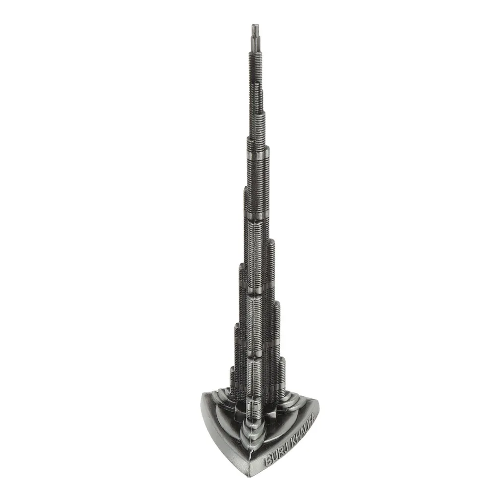 1pcs Gray Alloy Burj Khalifa Tower Model 8.66in Height Miniature Size Dubai Landmark Building Model Metal Tower Statue