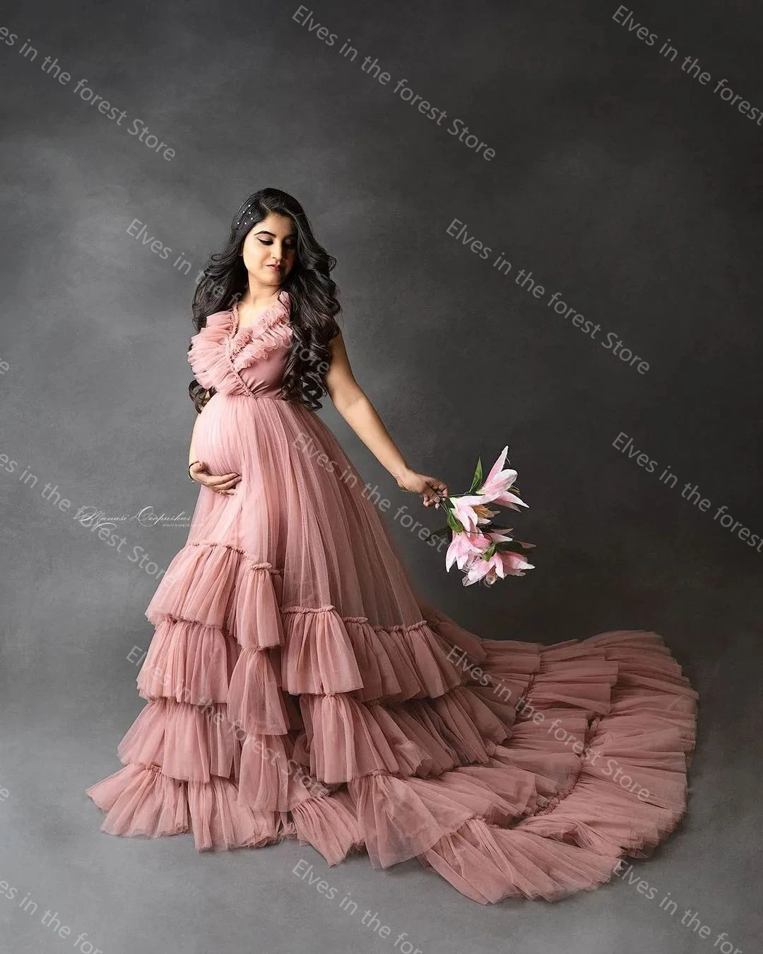 Pink Tulle Maternity Robes for Photography Tiered Ruffles Pregnant Women Gowns Sexy V Neck Floor Length Baby Shower Dresses