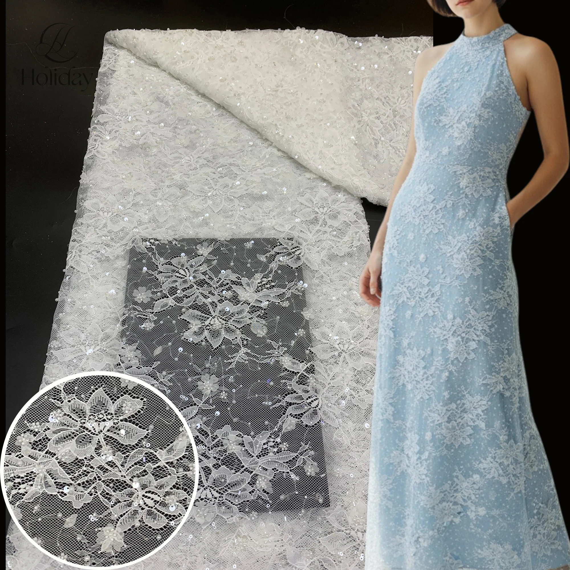 

Роскошная тяжелая расшитая кружевная ткань с лазерной резкой, 3D-бусинами, трубчатыми элементами и пайетками для свадебных и вечерних платьев